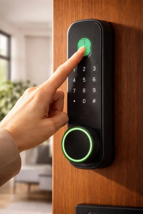  Primer plano de una cerradura inteligente con teclado numérico y sensor de huella dactilar activado en verde, compatible con tecnología Matter.