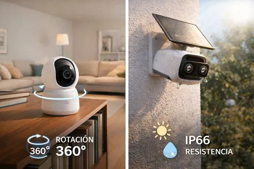 Infografía comparativa mostrando cámaras de seguridad para casa una en el interior vigilando un salón y otra cámara de vigilancia exterior solar instalada en una fachada, resaltando sus diferencias clave.