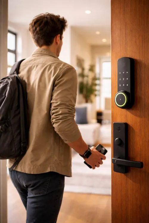 Persona entrando a su casa cómodamente sin usar llaves físicas, gracias al acceso automático de una de las mejores cerraduras inteligentes.