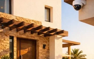 Fachada de casa moderna en España con una cámara de vigilancia exterior WiFi instalada, ilustrando el artículo sobre las mejores cámaras de seguridad para el hogar de 2026.