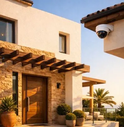 Fachada de casa moderna en España con una cámara de vigilancia exterior WiFi instalada, ilustrando el artículo sobre las mejores cámaras de seguridad para el hogar de 2026.