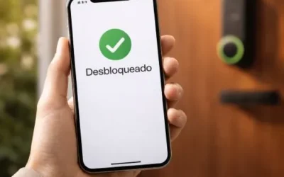 Mano sosteniendo un smartphone para desbloquear una cerradura inteligente en una puerta principal de madera, ilustrando la seguridad del hogar en 2026.