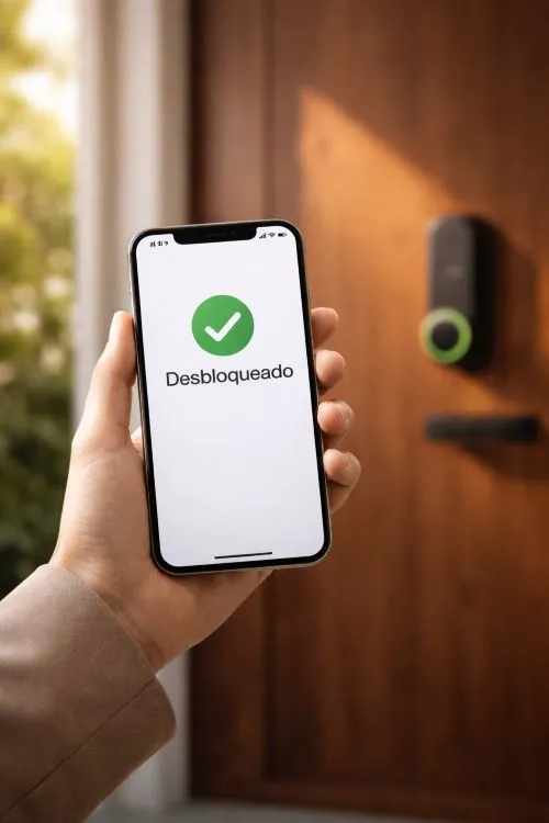 Mano sosteniendo un smartphone para desbloquear una cerradura inteligente en una puerta principal de madera, ilustrando la seguridad del hogar en 2026.