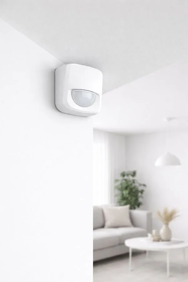 Sensor de presencia inteligente instalado en un salón para automatización de luces y climatización