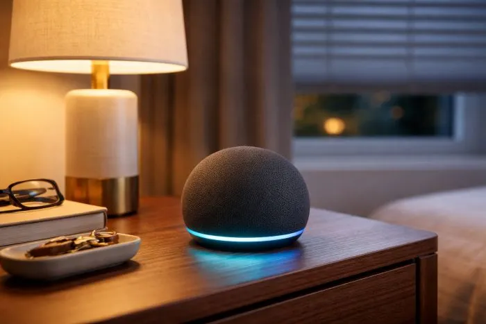 Fotografía fotorrealista generada por IA de un Amazon Echo Dot de 5ª generación antracita sobre una mesita de noche en una habitación, controlando una bombilla inteligente y una persiana en 2026.