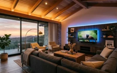 iluminación inteligente para salón con ambiente en tonos cálidos y tiras LED integradas, mostrando la transformación del hogar mediante tecnología smart.
