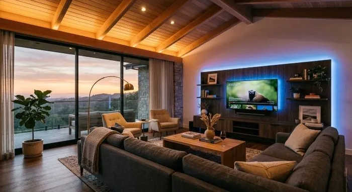 iluminación inteligente para salón con ambiente en tonos cálidos y tiras LED integradas, mostrando la transformación del hogar mediante tecnología smart.