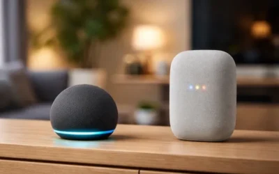 magen fotorrealista generada por IA que muestra un Amazon Echo Dot de 5ª generación y un Google Nest Audio frente a frente en un salón moderno domótico, ilustrando la comparativa de los mejores altavoces inteligentes de 2026.