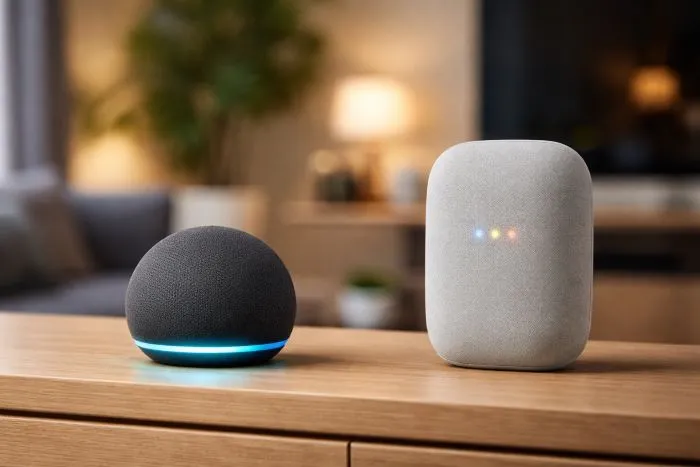magen fotorrealista generada por IA que muestra un Amazon Echo Dot de 5ª generación y un Google Nest Audio frente a frente en un salón moderno domótico, ilustrando la comparativa de los mejores altavoces inteligentes de 2026.