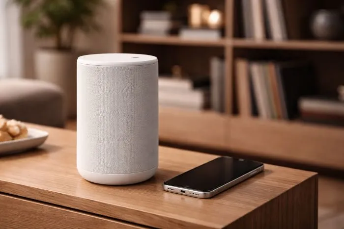  Imagen fotorrealista de alta calidad generada por IA de un altavoz Sonos Era 100 blanco en un salón elegante, destacando como la alternativa premium al Apple HomePod para usuarios de iOS en Amazon.