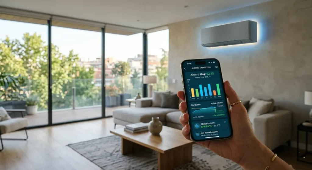 Salón moderno con aires acondicionados inteligentes wifi controlado mediante smartphone, representando la tecnología de climatización de 2026.
