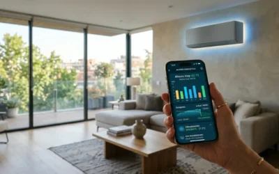 Salón moderno con aires acondicionados inteligentes wifi controlado mediante smartphone, representando la tecnología de climatización de 2026.