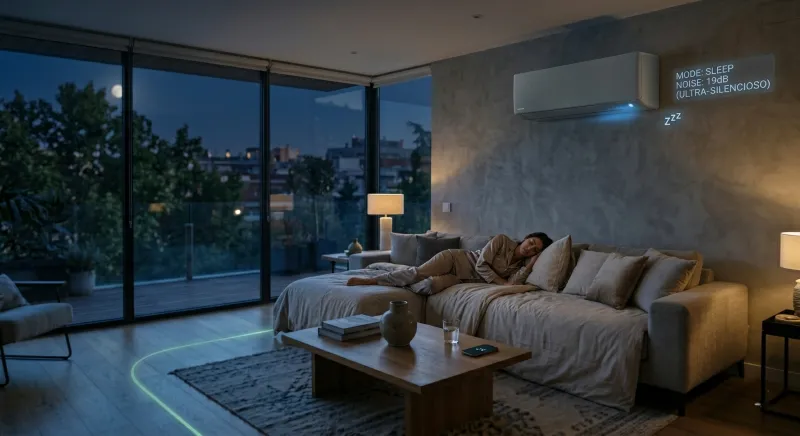 Aires acondicionados inteligentes wifi ultra silencioso en un dormitorio, optimizado para el descanso mediante inteligencia artificial y sensores de sueño.