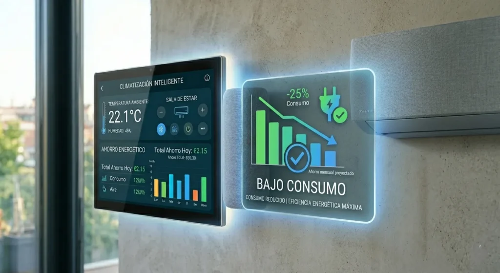 Pantalla de control inteligente mostrando la integración de aires acondicionados inteligentes WiFi con sensores de eficiencia energética.