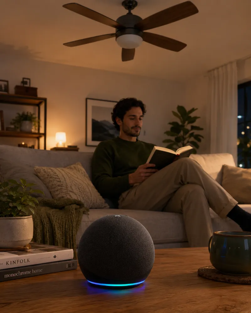 Usuario utilizando comandos de voz para ajustar la velocidad y la iluminación de un ventilador de techo wifi integrado en un hogar conectado.